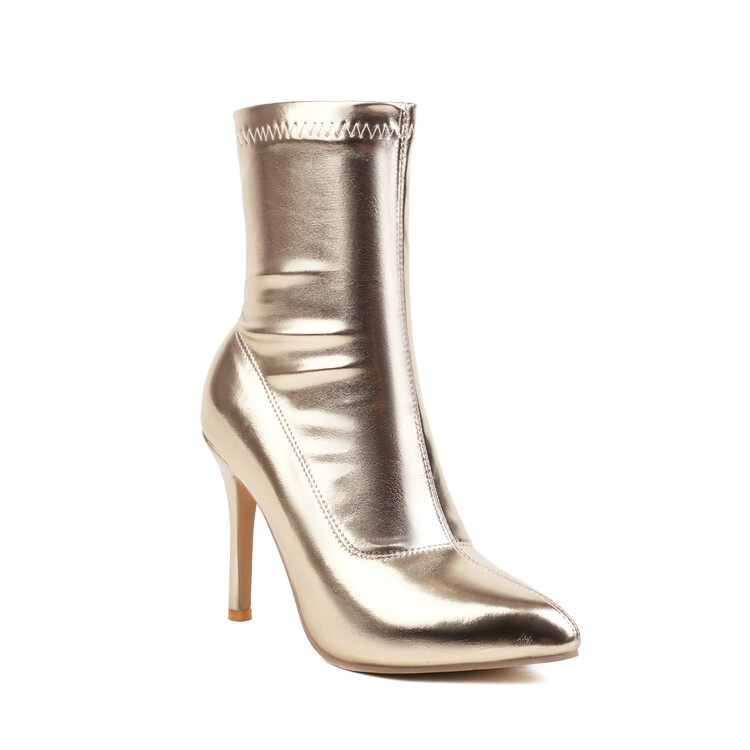 Gold and Silver Pointed Toe Stiletto High Heel Mid Calf Fashion Boots