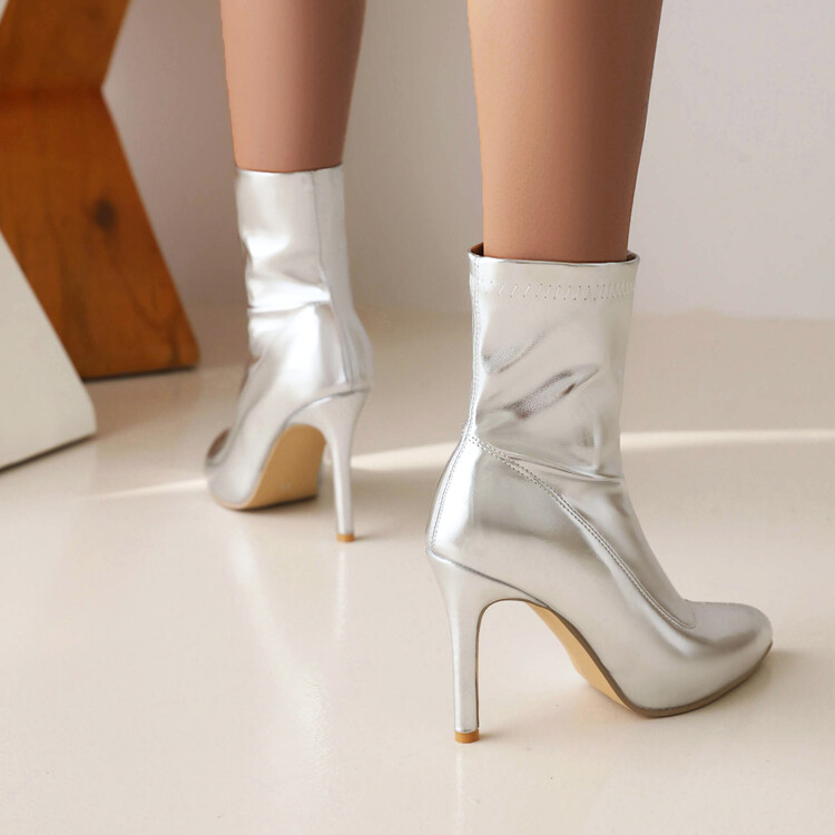 Gold and Silver Pointed Toe Stiletto High Heel Mid Calf Fashion Boots