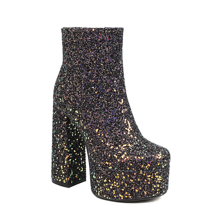 Sequin Block Heel Ankle Boots for Women