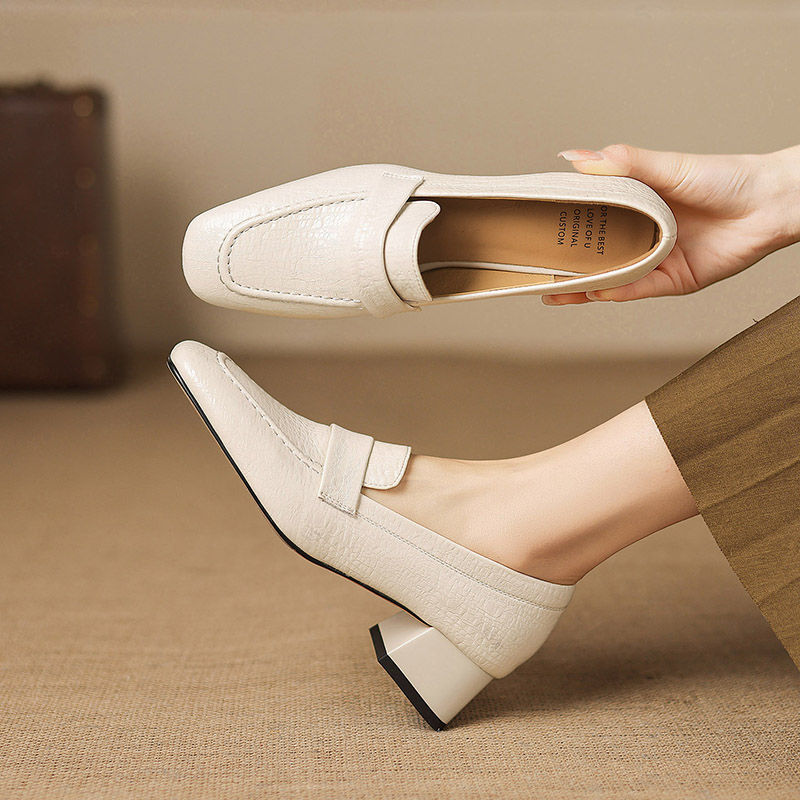 Women's Deep Mouth Single Shoes Korean Style Mid Chunky Heel Square Toe Slip-On