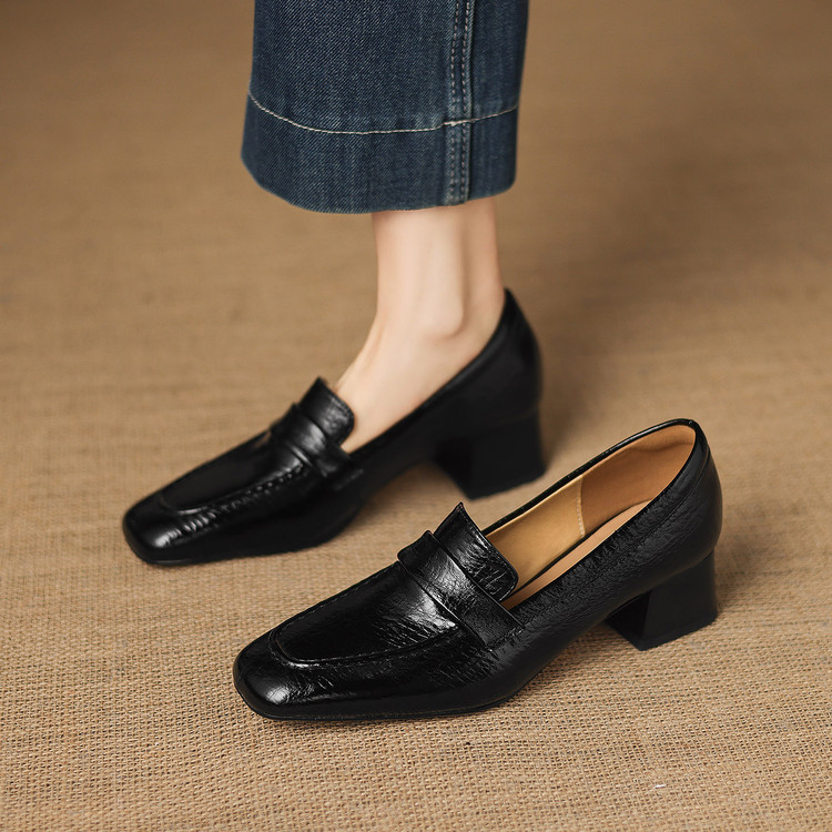Women's Deep Mouth Single Shoes Korean Style Mid Chunky Heel Square Toe Slip-On