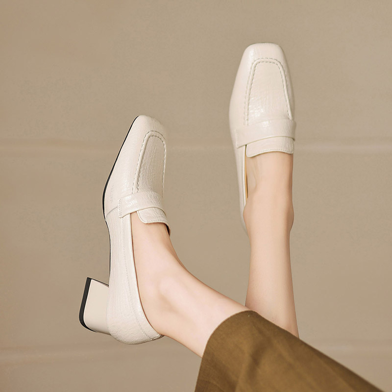 Women's Deep Mouth Single Shoes Korean Style Mid Chunky Heel Square Toe Slip-On