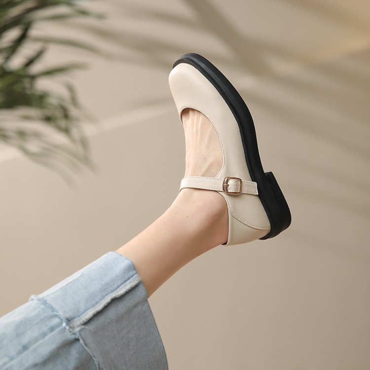 Women's Mary Jane Flat Shoes Low Square Heel Square Toe Beige Black