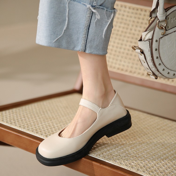 Women's Mary Jane Flat Shoes Low Square Heel Square Toe Beige Black