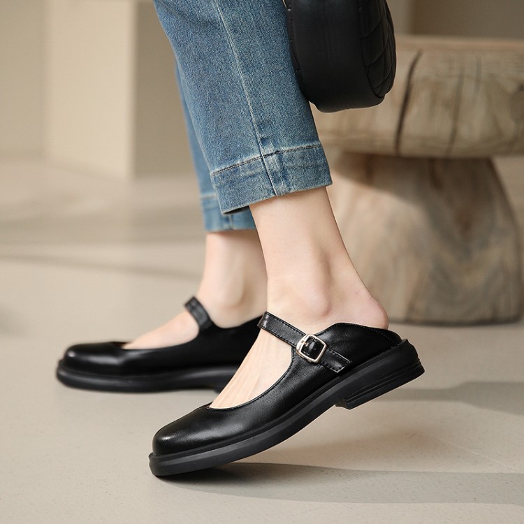 Women's Mary Jane Flat Shoes Low Square Heel Square Toe Beige Black