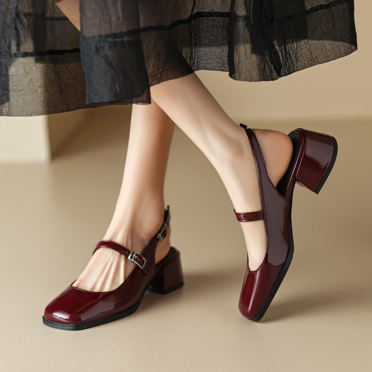 Women's Mary Jane Flat Shoes Square Toe Buckle Strap Patent PU