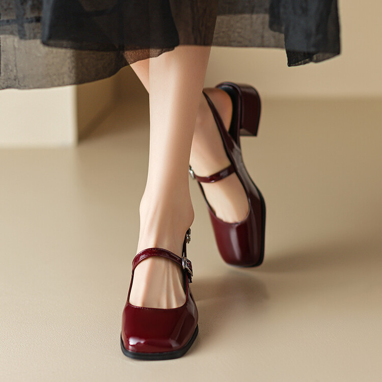 Women's Mary Jane Flat Shoes Square Toe Buckle Strap Patent PU
