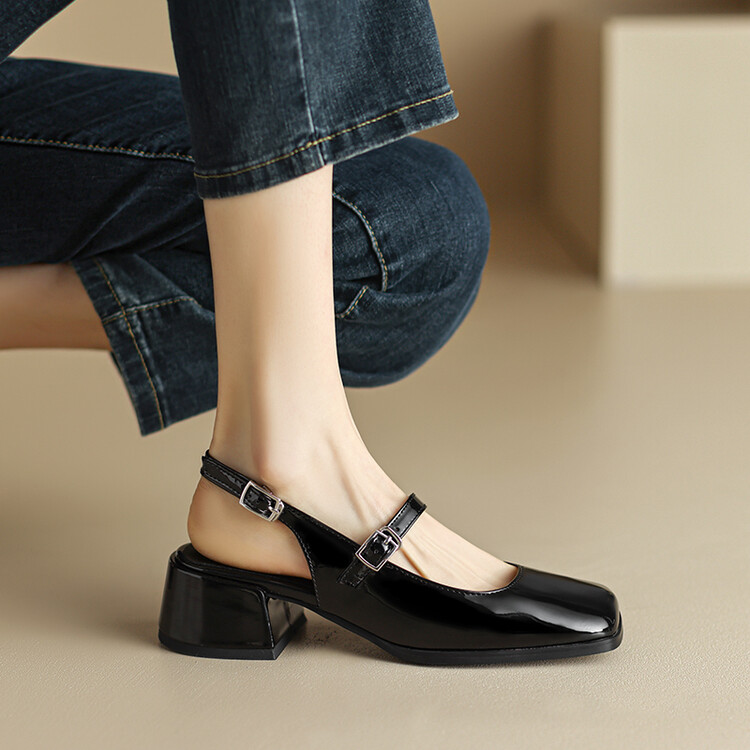 Women's Mary Jane Flat Shoes Square Toe Buckle Strap Patent PU
