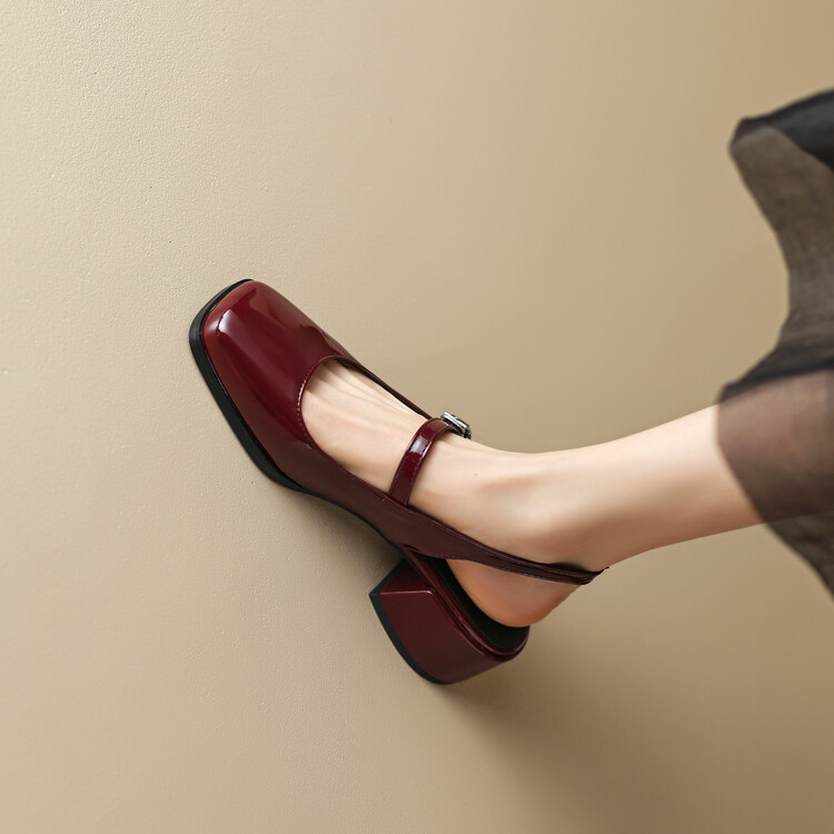 Women's Mary Jane Flat Shoes Square Toe Buckle Strap Patent PU