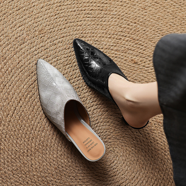 Women's Pointed Toe Chunky Heel Slippers with Pigskin Lining - Style e.html