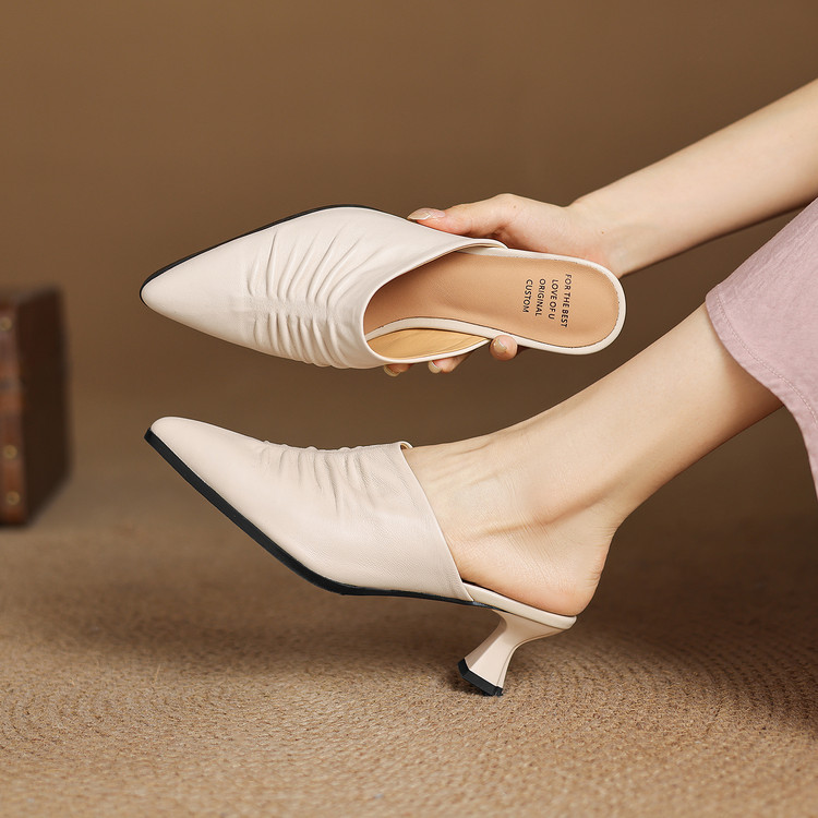 Women's Pointed Toe Chunky Heel Slippers with Pigskin Lining - Style o.html