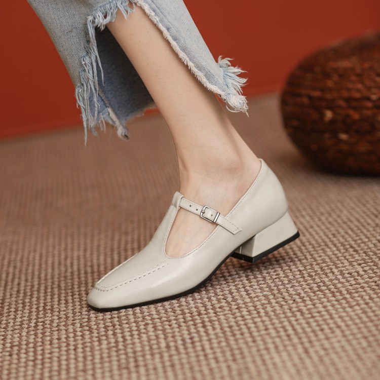 Women's Retro Flat Shoes PU Square Toe Buckle Strap Low Heel