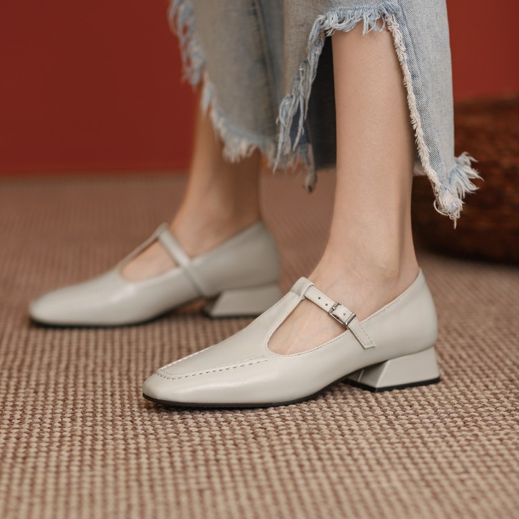 Women's Retro Flat Shoes PU Square Toe Buckle Strap Low Heel