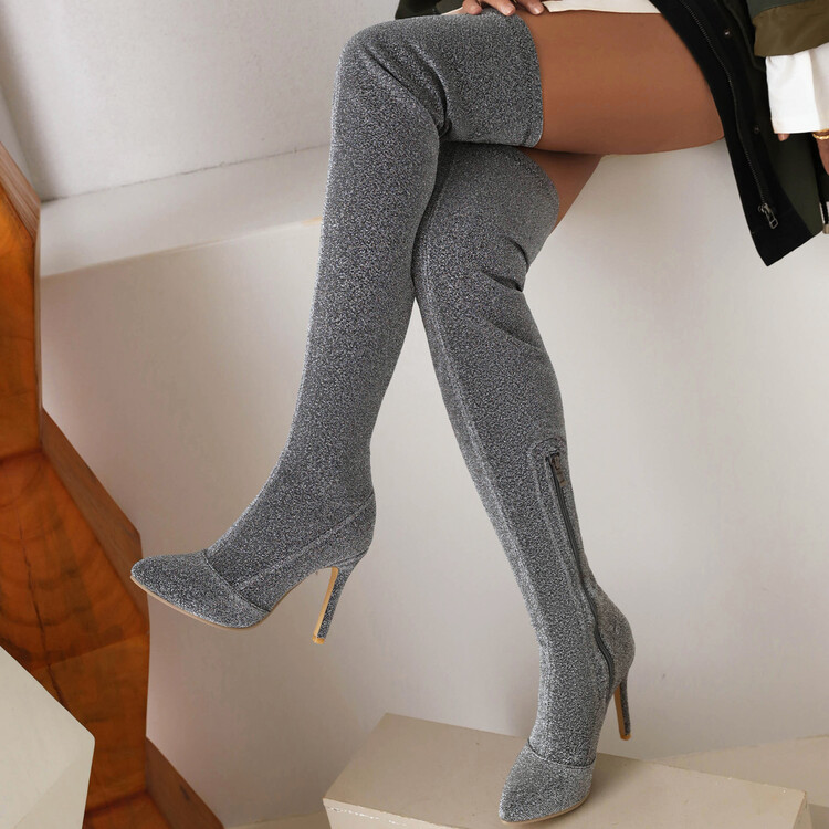 Women's Suede Pointed Toe Stiletto High Heel Long Boots with Side Zipper
